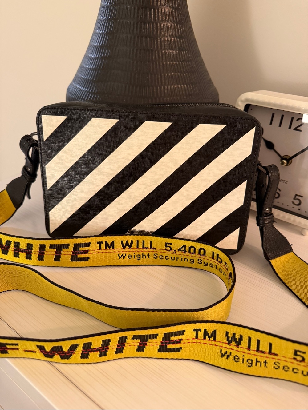 OFF-WHITE Diagonal Stripe Leather Belt Bag Crossbody Black White Yellow